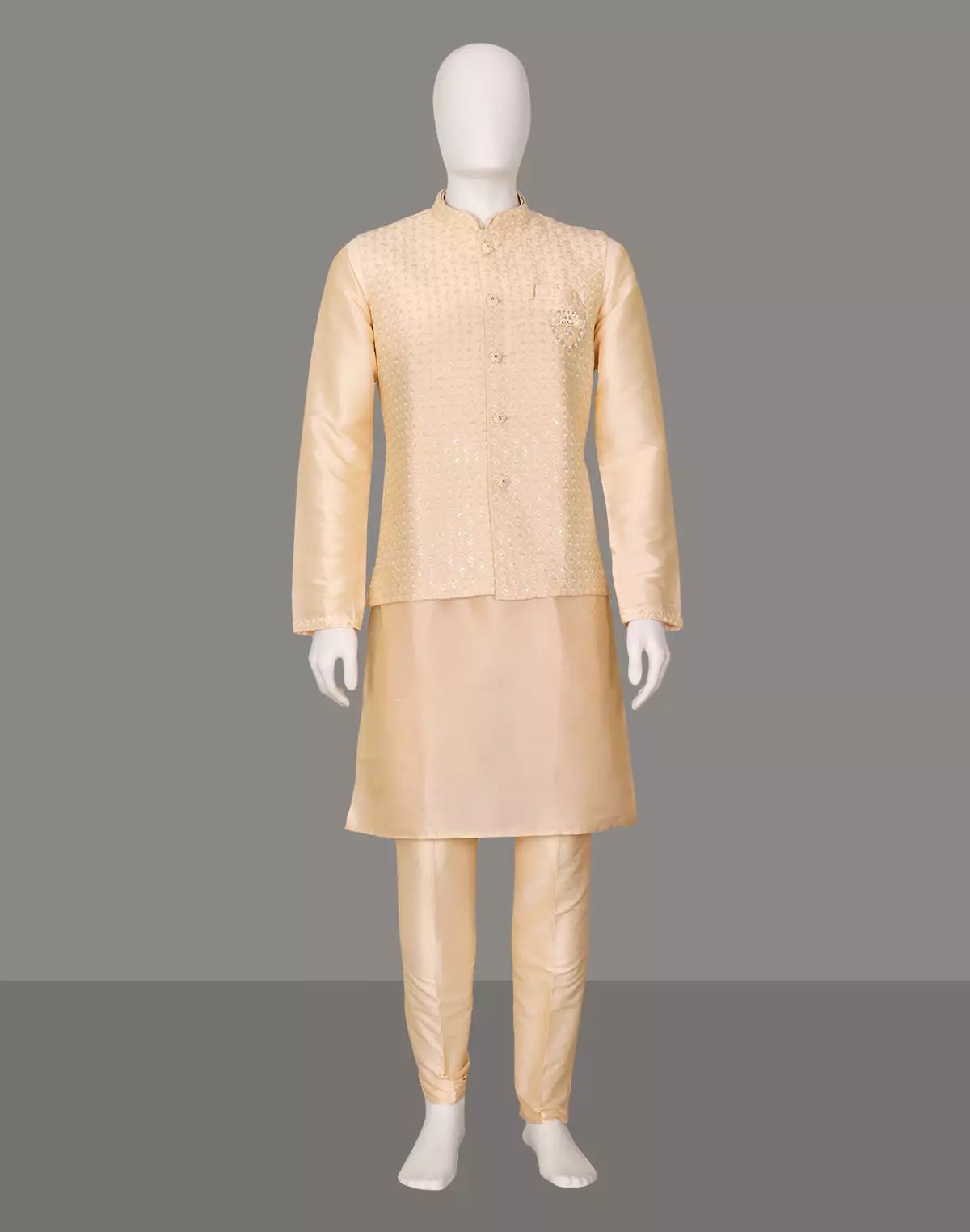 Image of Self Patterned Jacquard Kurta Jacket Set in Fawn - South India Shopping Mall