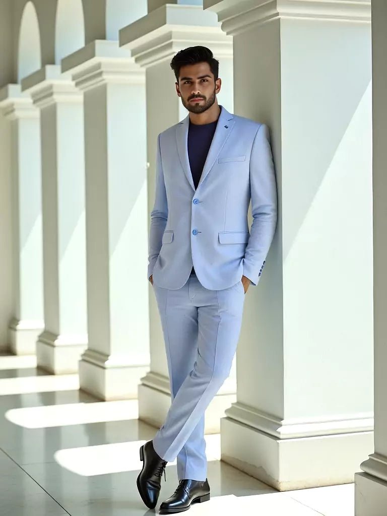 Image of Self Textured Sky Blue Polyester Viscose Blazer - South India Shopping Mall
