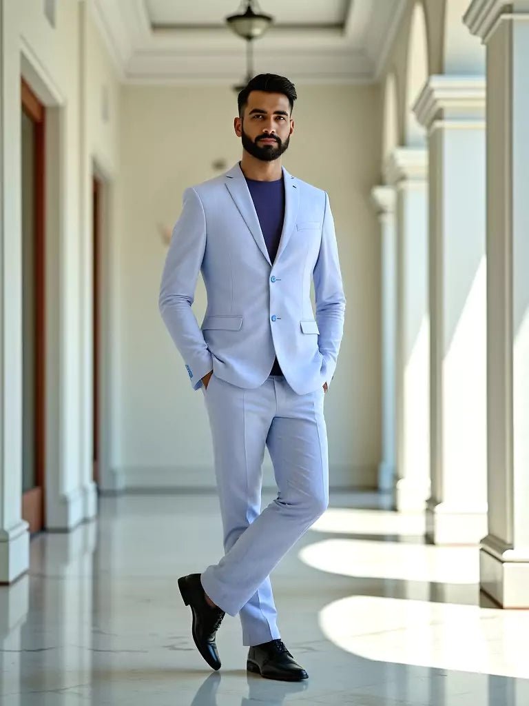 Image of Self Textured Sky Blue Polyester Viscose Blazer - South India Shopping Mall