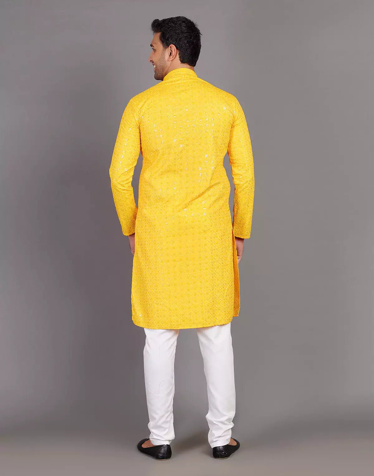 Image of Self Thread and Sequence Design Yellow Georgette Kurta Pyjama Set - South India Shopping Mall
