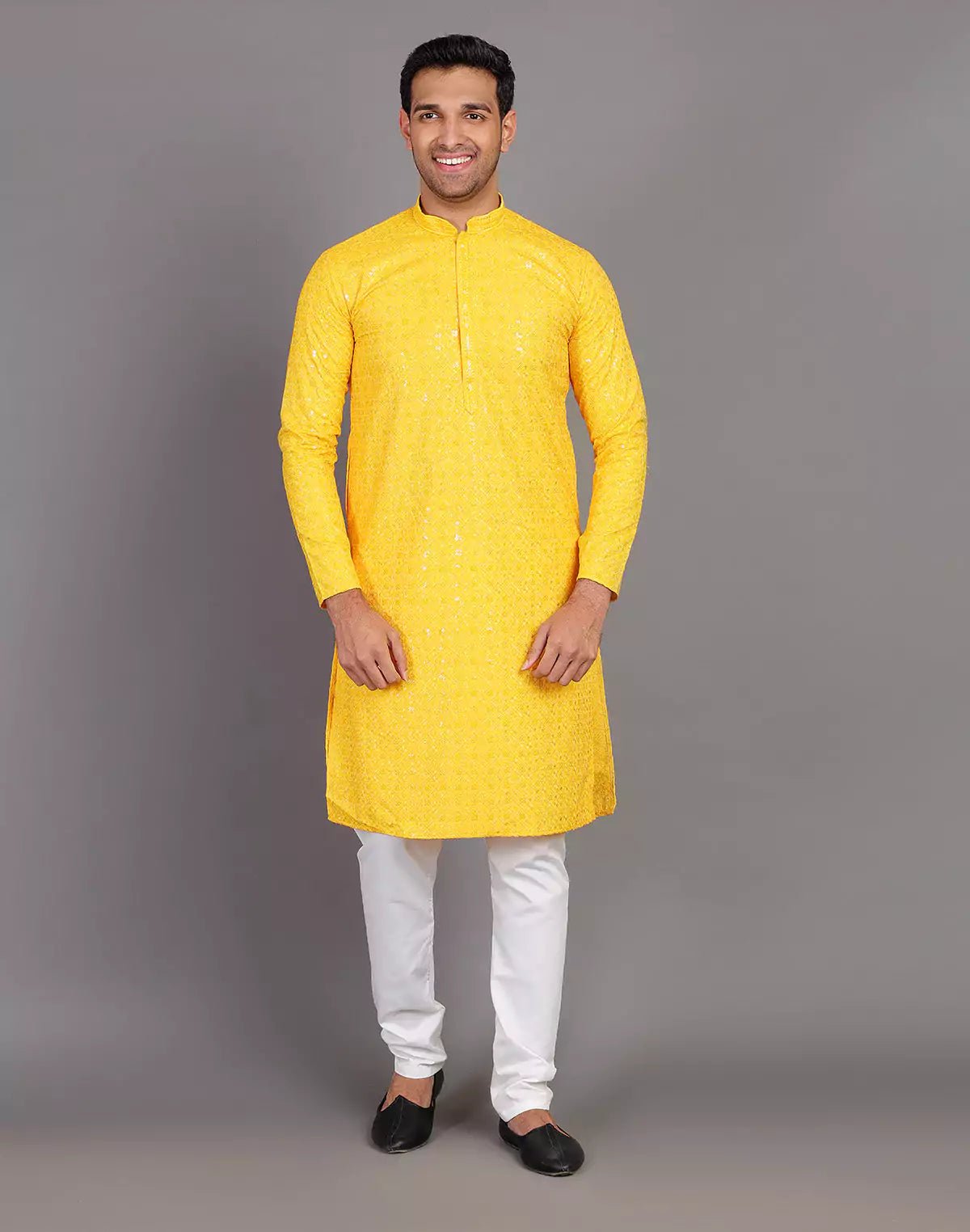 Image of Self Thread and Sequence Design Yellow Georgette Kurta Pyjama Set - South India Shopping Mall