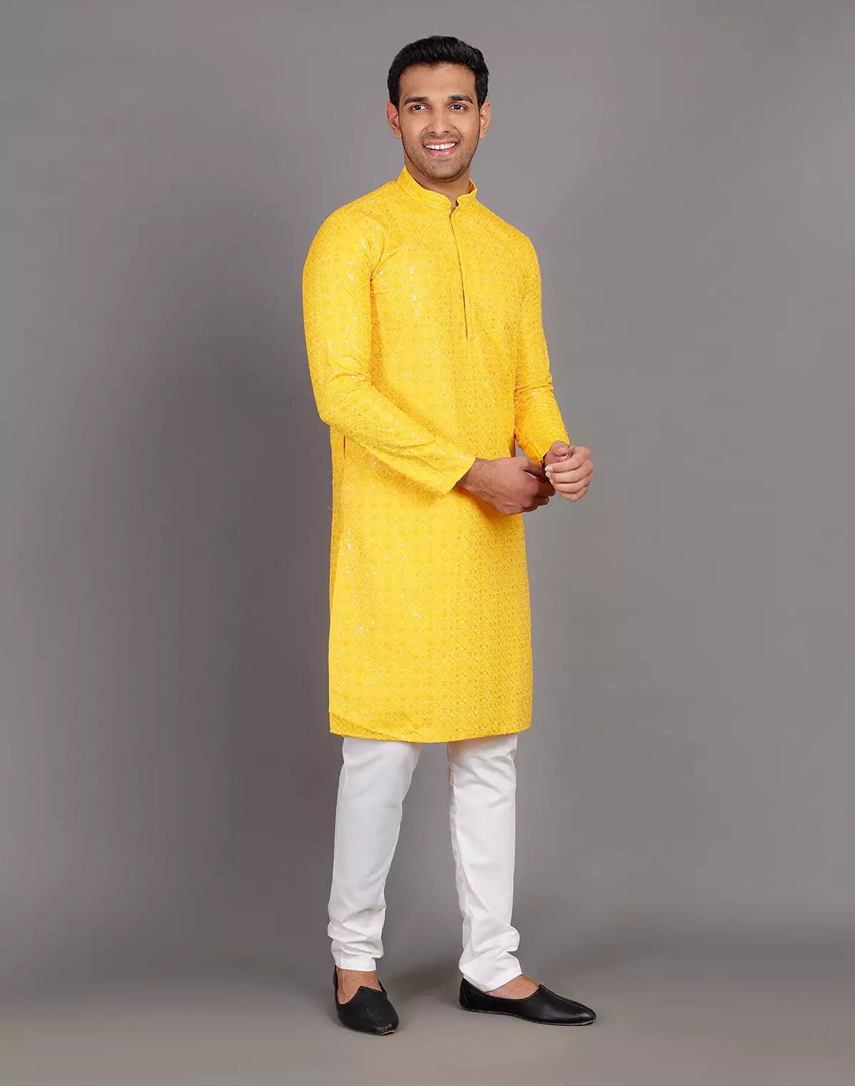Image of Self Thread and Sequence Design Yellow Georgette Kurta Pyjama Set - South India Shopping Mall