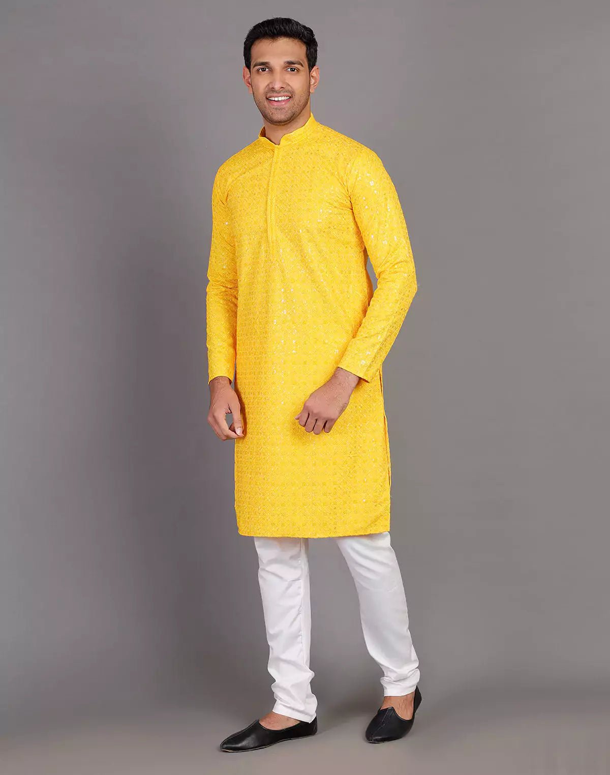 Image of Self Thread and Sequence Design Yellow Georgette Kurta Pyjama Set - South India Shopping Mall