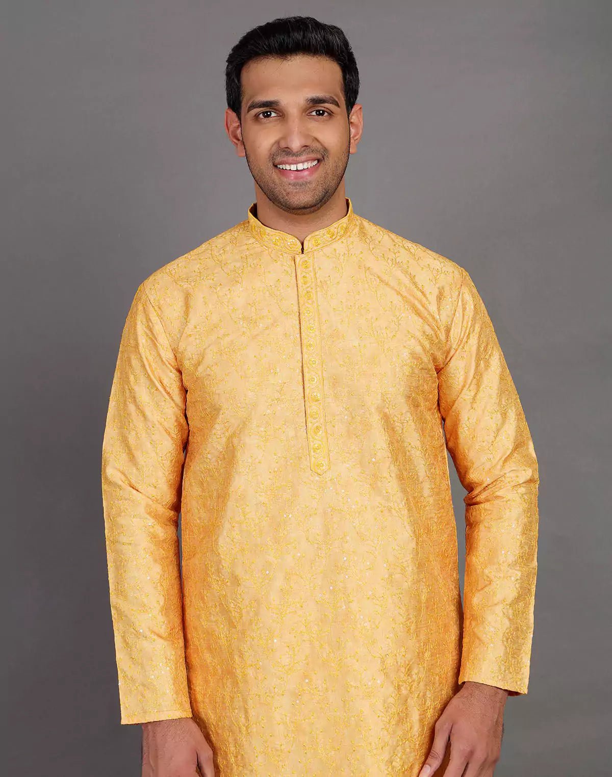 Image of Self Thread Embroidery Design Yellow Kurta Pyjama Set - South India Shopping Mall