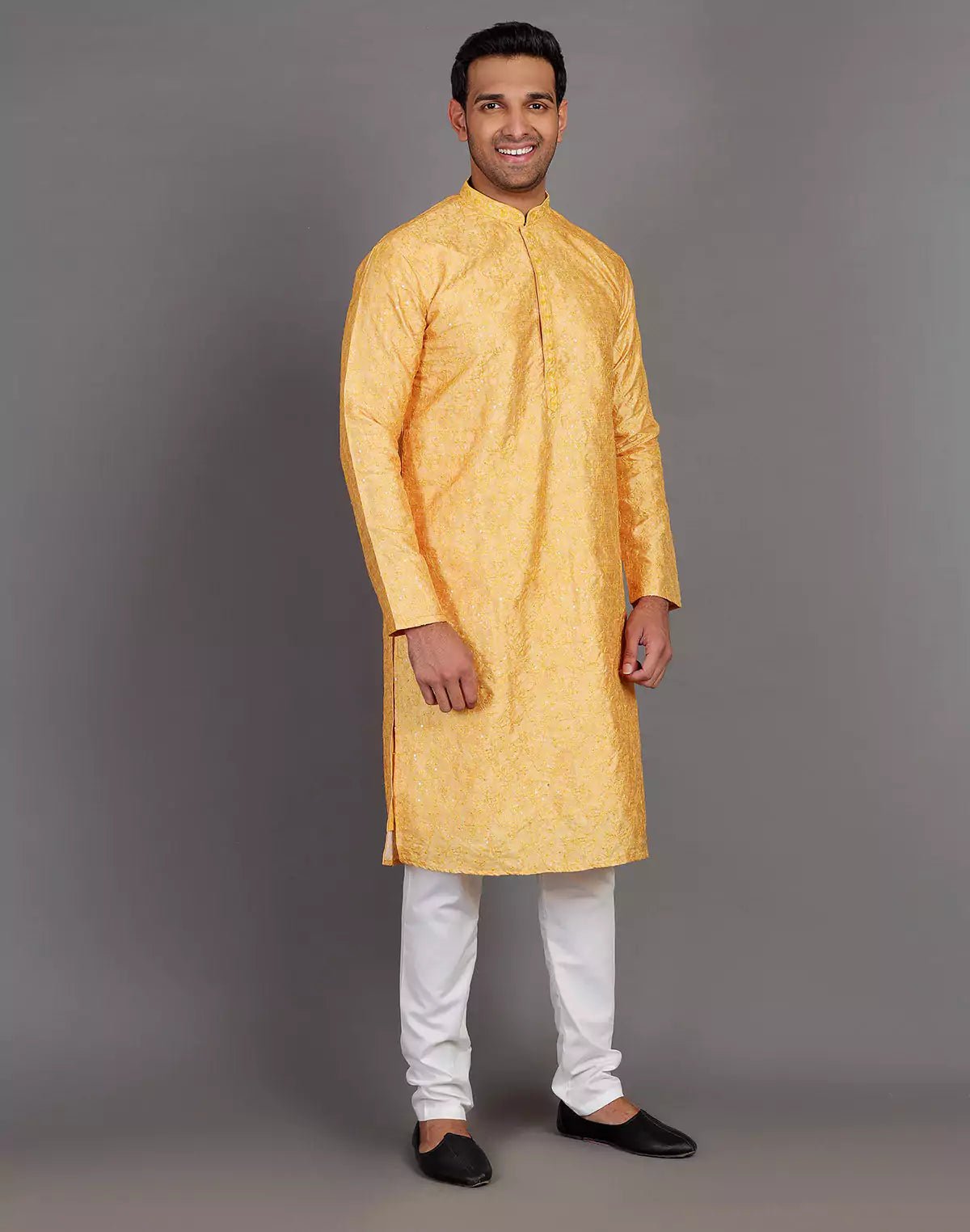 Image of Self Thread Embroidery Design Yellow Kurta Pyjama Set - South India Shopping Mall
