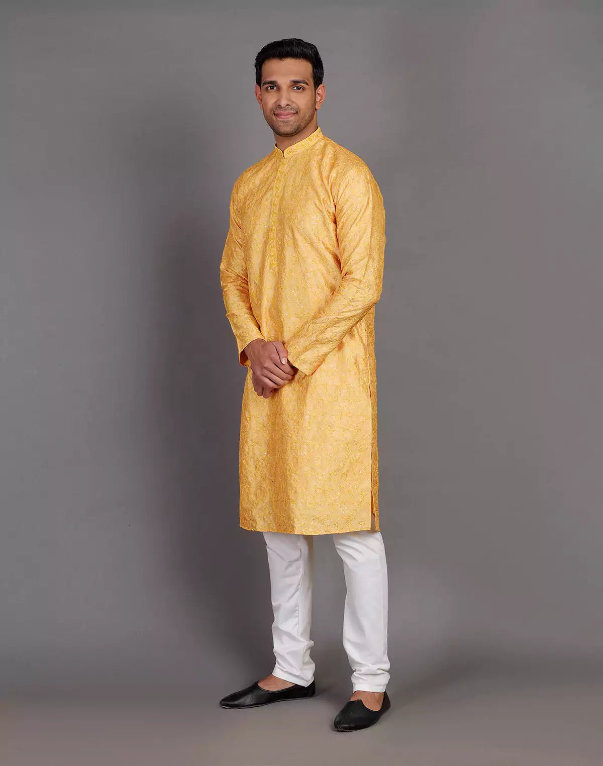 Image of Self Thread Embroidery Design Yellow Kurta Pyjama Set - South India Shopping Mall
