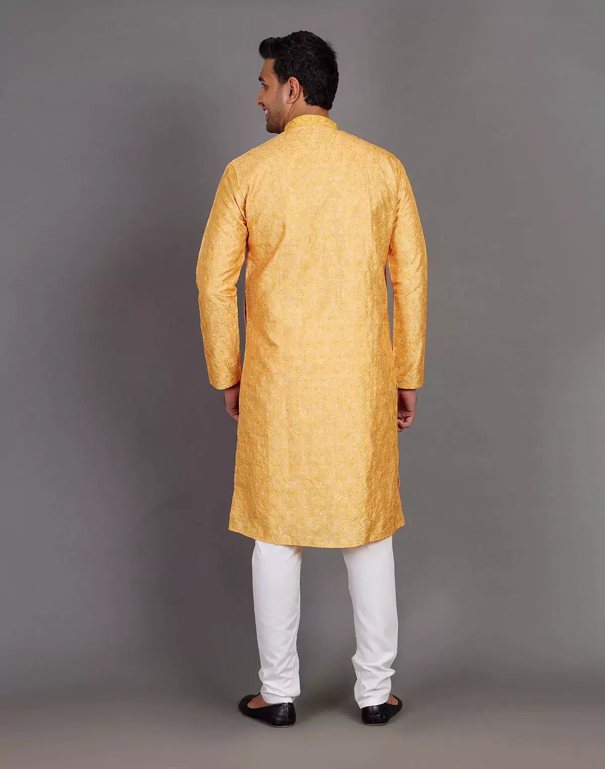 Image of Self Thread Embroidery Design Yellow Kurta Pyjama Set - South India Shopping Mall