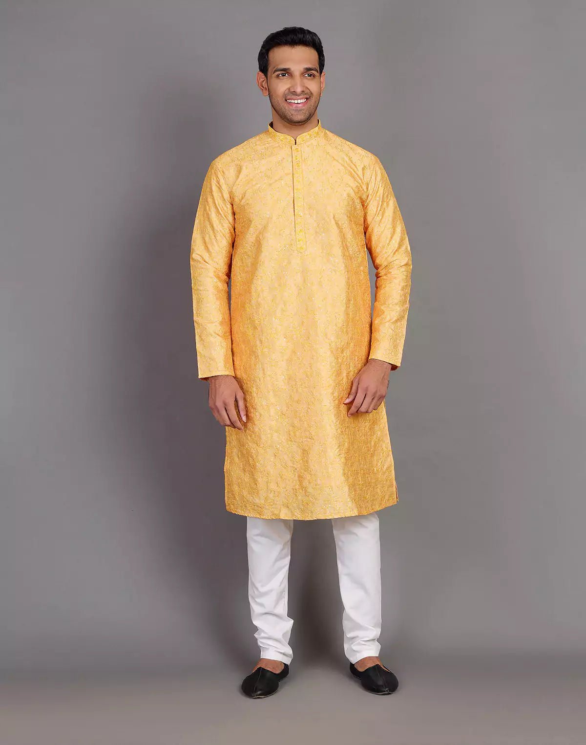Image of Self Thread Embroidery Design Yellow Kurta Pyjama Set - South India Shopping Mall