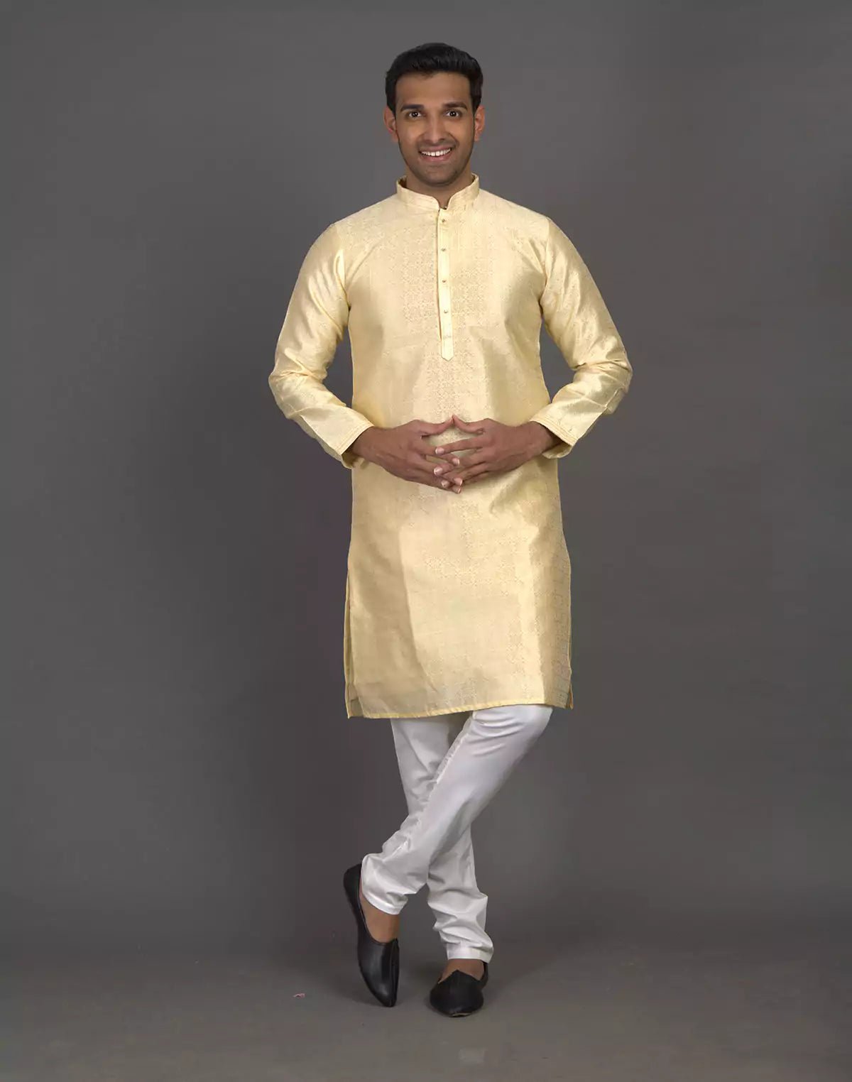 Image of Self Thread with Embellished Cream Soft Silk Kurta Pyjama Set - South India Shopping Mall