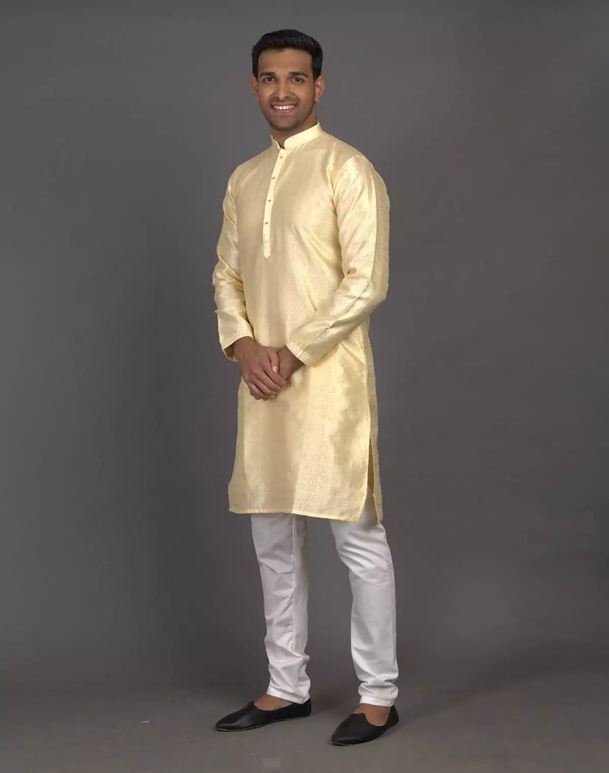 Image of Self Thread with Embellished Cream Soft Silk Kurta Pyjama Set - South India Shopping Mall
