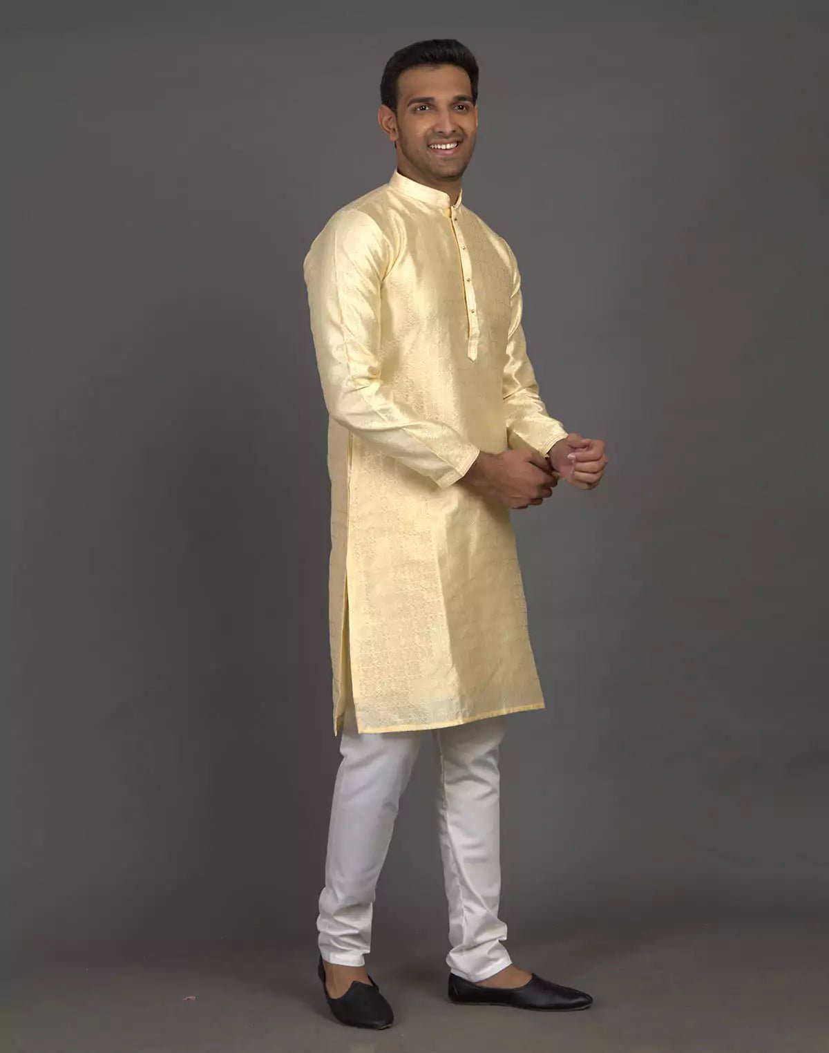 Image of Self Thread with Embellished Cream Soft Silk Kurta Pyjama Set - South India Shopping Mall
