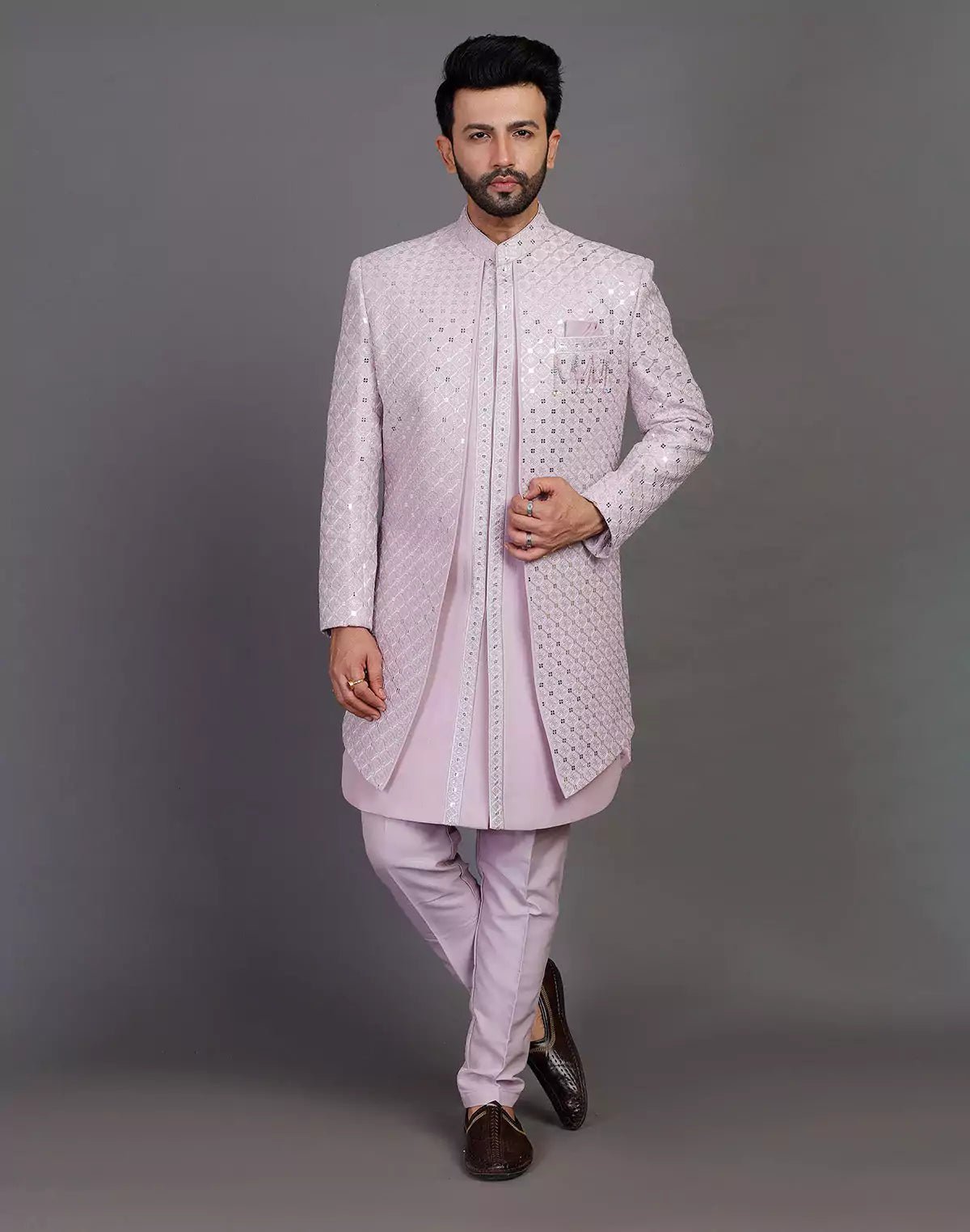 Image of Self Thread With Sequence Work Raw Silk Indo Open Jacket Set - South India Shopping Mall