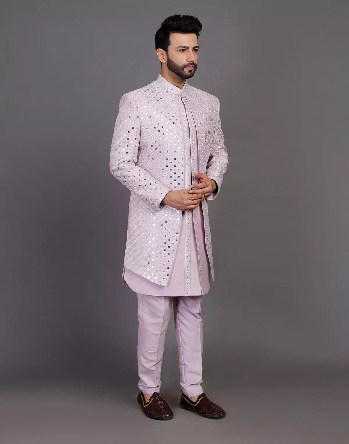 Image of Self Thread With Sequence Work Raw Silk Indo Open Jacket Set - South India Shopping Mall