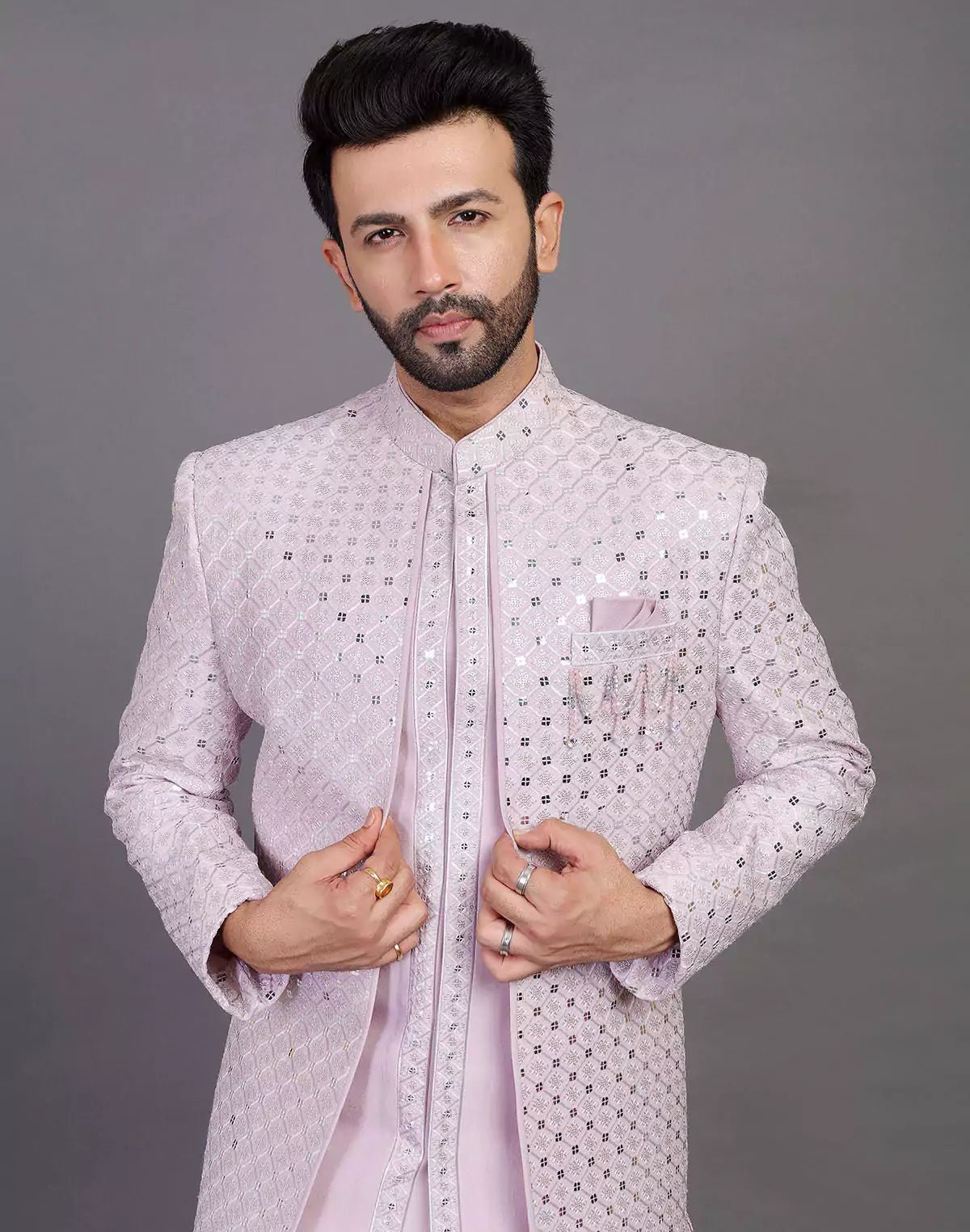 Image of Self Thread With Sequence Work Raw Silk Indo Open Jacket Set - South India Shopping Mall