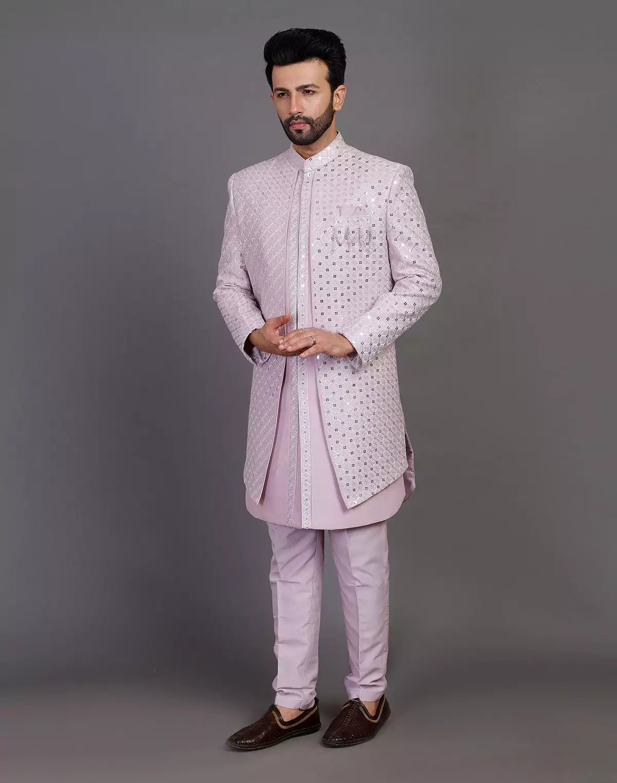 Image of Self Thread With Sequence Work Raw Silk Indo Open Jacket Set - South India Shopping Mall