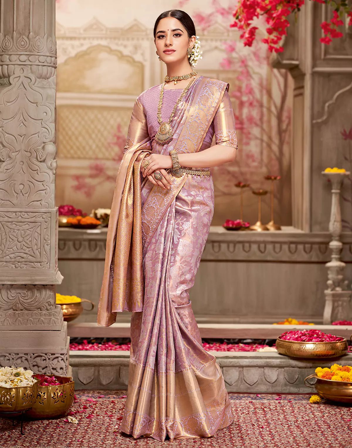 Image of Semi Silk Floral Tissue Jaal Light Violet Saree - South India Shopping Mall