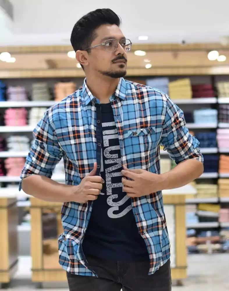 Image of Blue Checkered Cotton Printed Shirt
