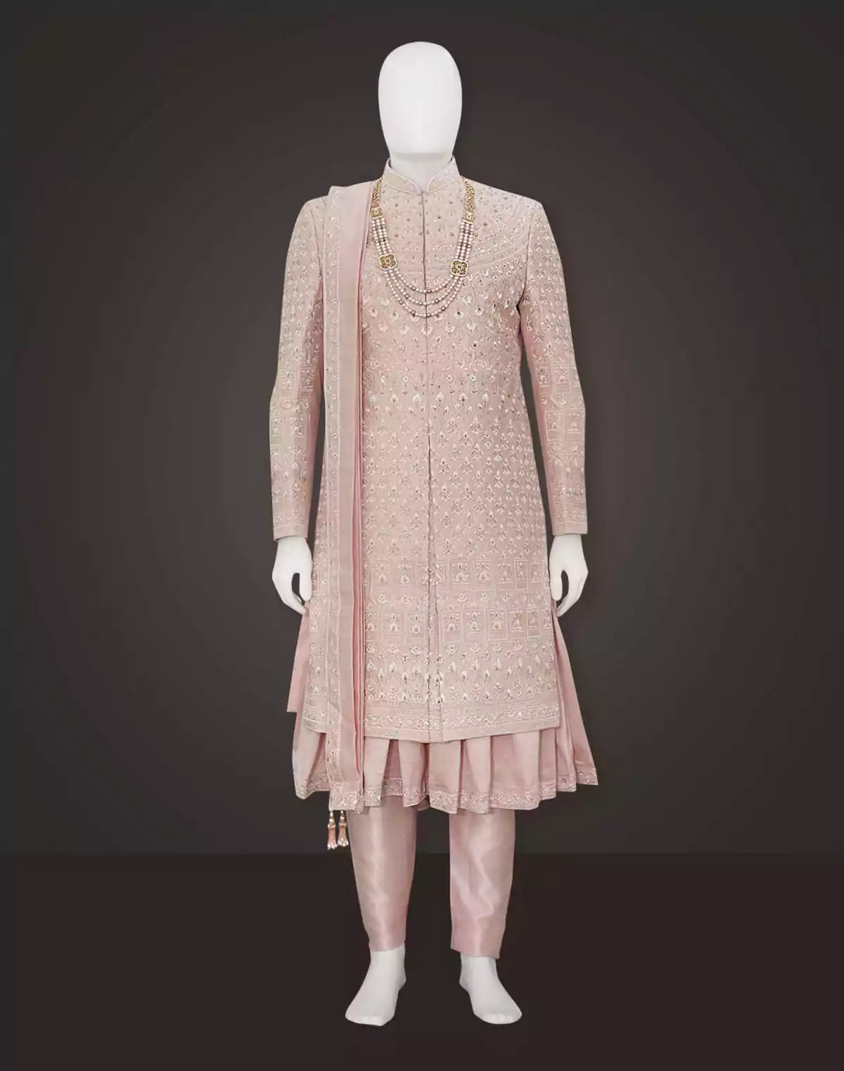 Image of Light Pink Embroidered Raw Silk Sherwani Set With Dupatta and Anarkali Line Kurta