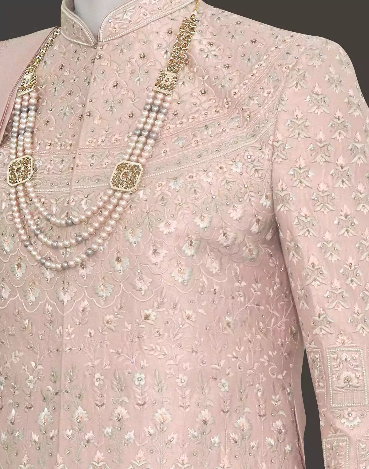 Image of Light Pink Embroidered Raw Silk Sherwani Set With Dupatta and Anarkali Line Kurta
