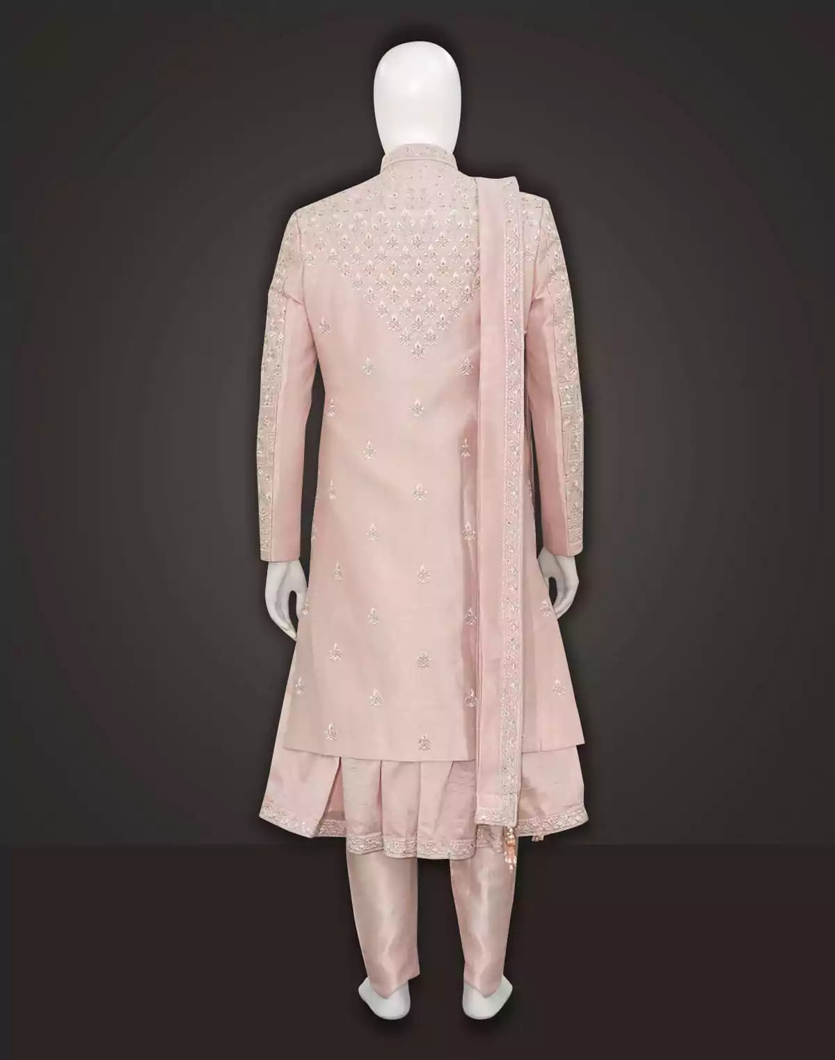 Image of Light Pink Embroidered Raw Silk Sherwani Set With Dupatta and Anarkali Line Kurta