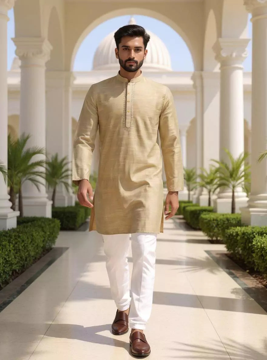 Raw Silk Men's Full Sleeve Casual Short Kurta