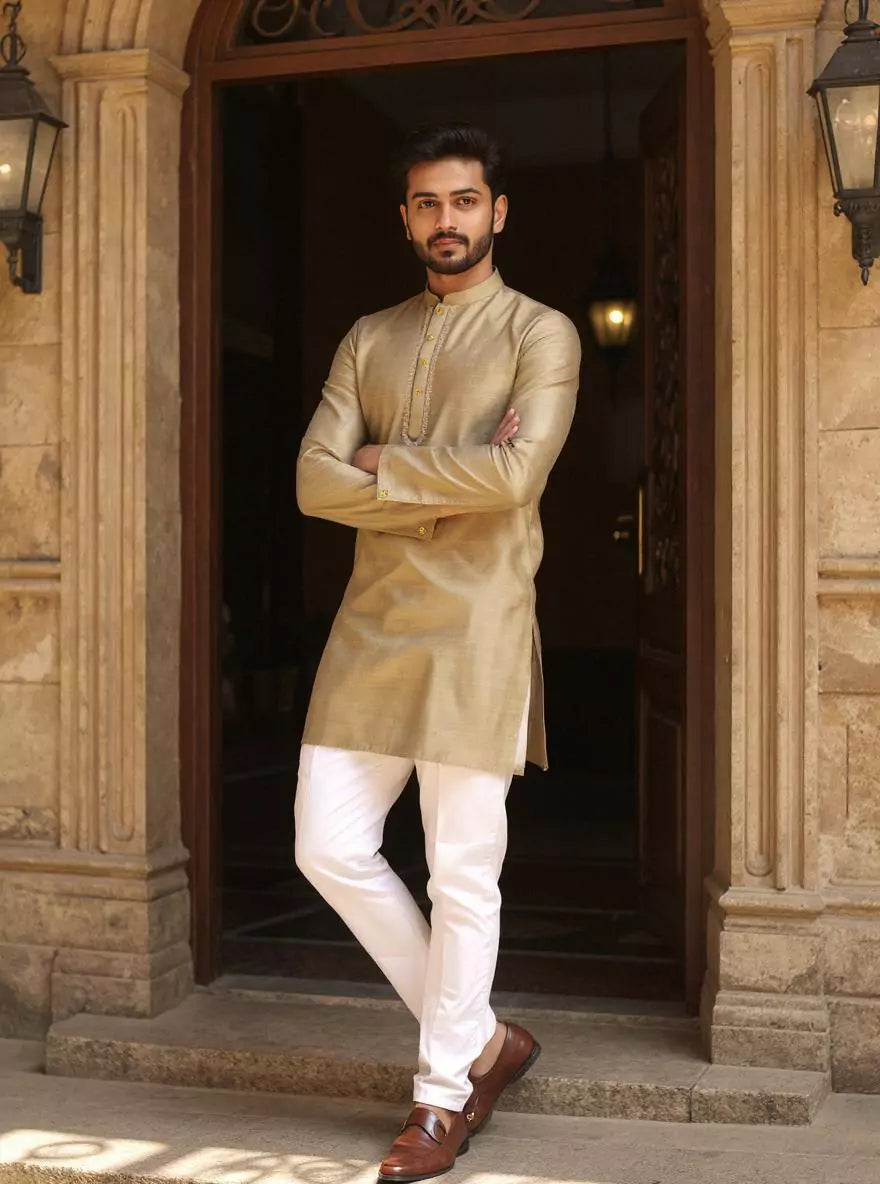 Raw Silk Men's Full Sleeve Casual Short Kurta