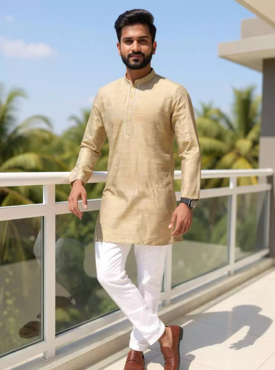Raw Silk Men's Full Sleeve Casual Short Kurta
