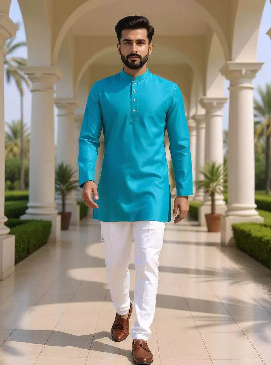 Image of Raw Silk Plain Men's Full Sleeve Short Kurta