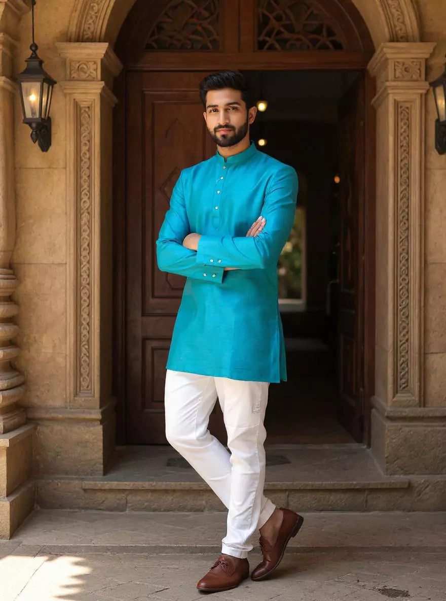 Raw Silk Plain Men's Full Sleeve Short Kurta