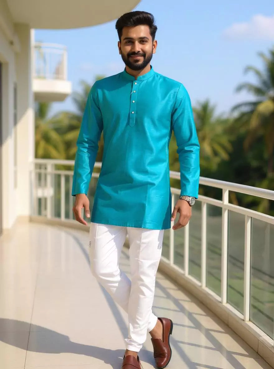 Image of Raw Silk Plain Men's Full Sleeve Short Kurta