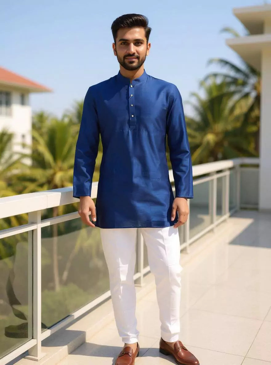 Raw Silk Plain Blue Men's Full Sleeve Short Kurta