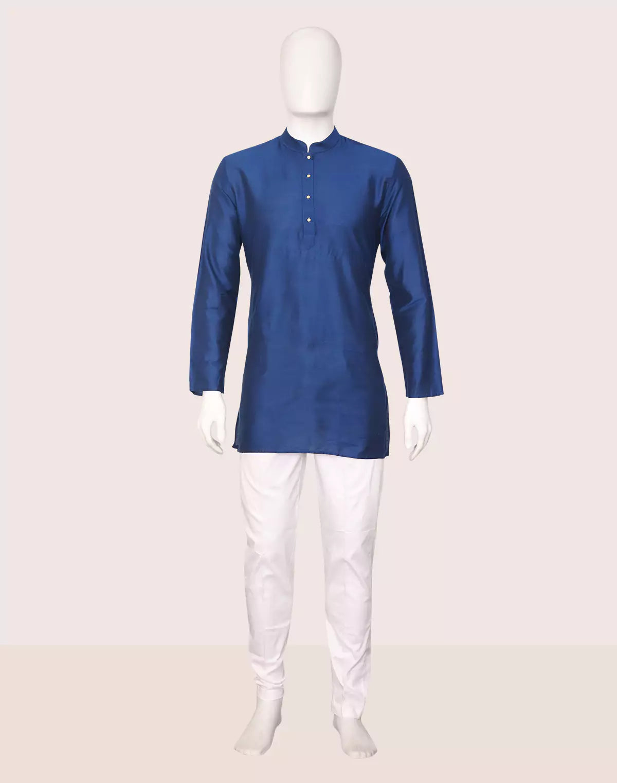 Raw Silk Plain Blue Men's Full Sleeve Short Kurta