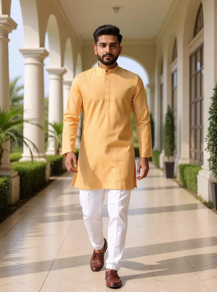 Raw Silk Plain Men's Full Sleeve Short Kurta