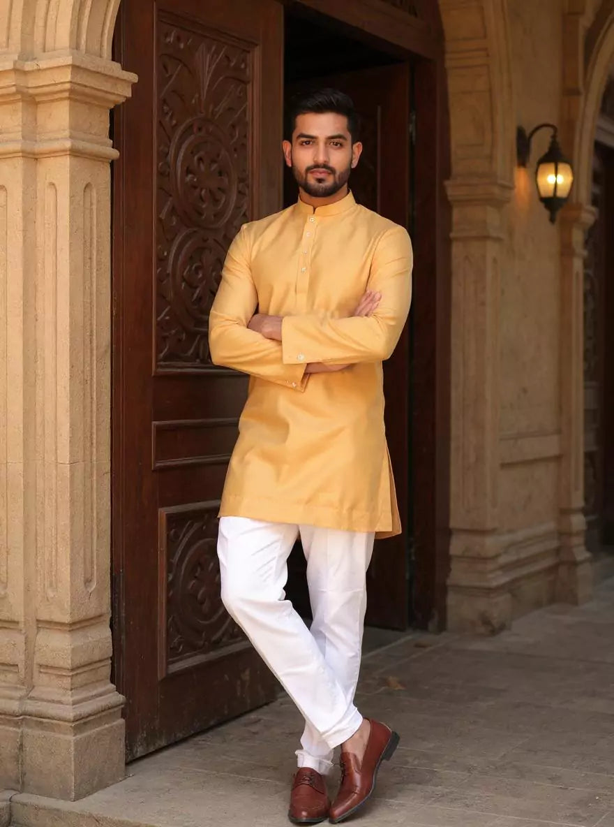 Raw Silk Plain Men's Full Sleeve Short Kurta