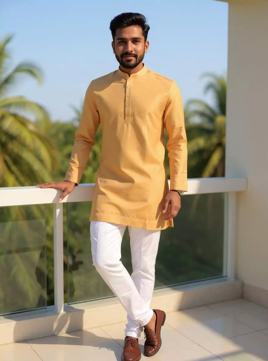 Image of Raw Silk Plain Men's Full Sleeve Short Kurta