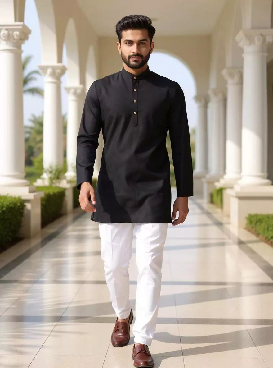 Image of Raw Silk Plain Men's Full Sleeve Short Kurta