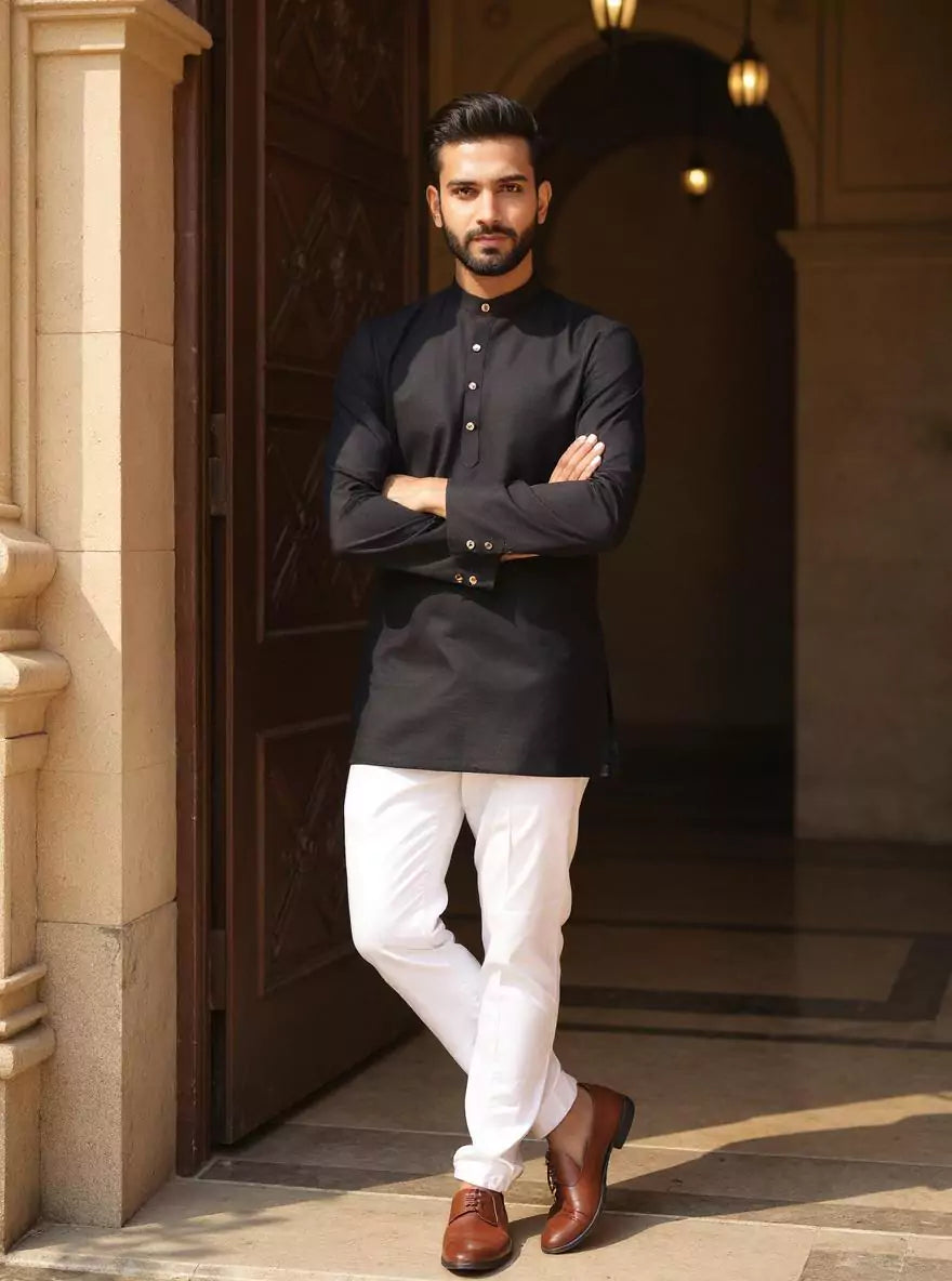 Raw Silk Plain Men's Full Sleeve Short Kurta