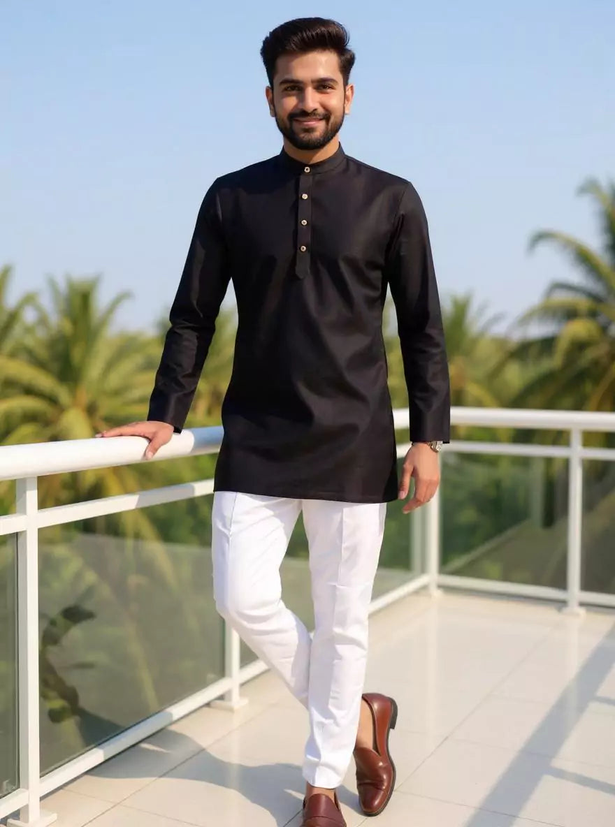 Raw Silk Plain Men's Full Sleeve Short Kurta