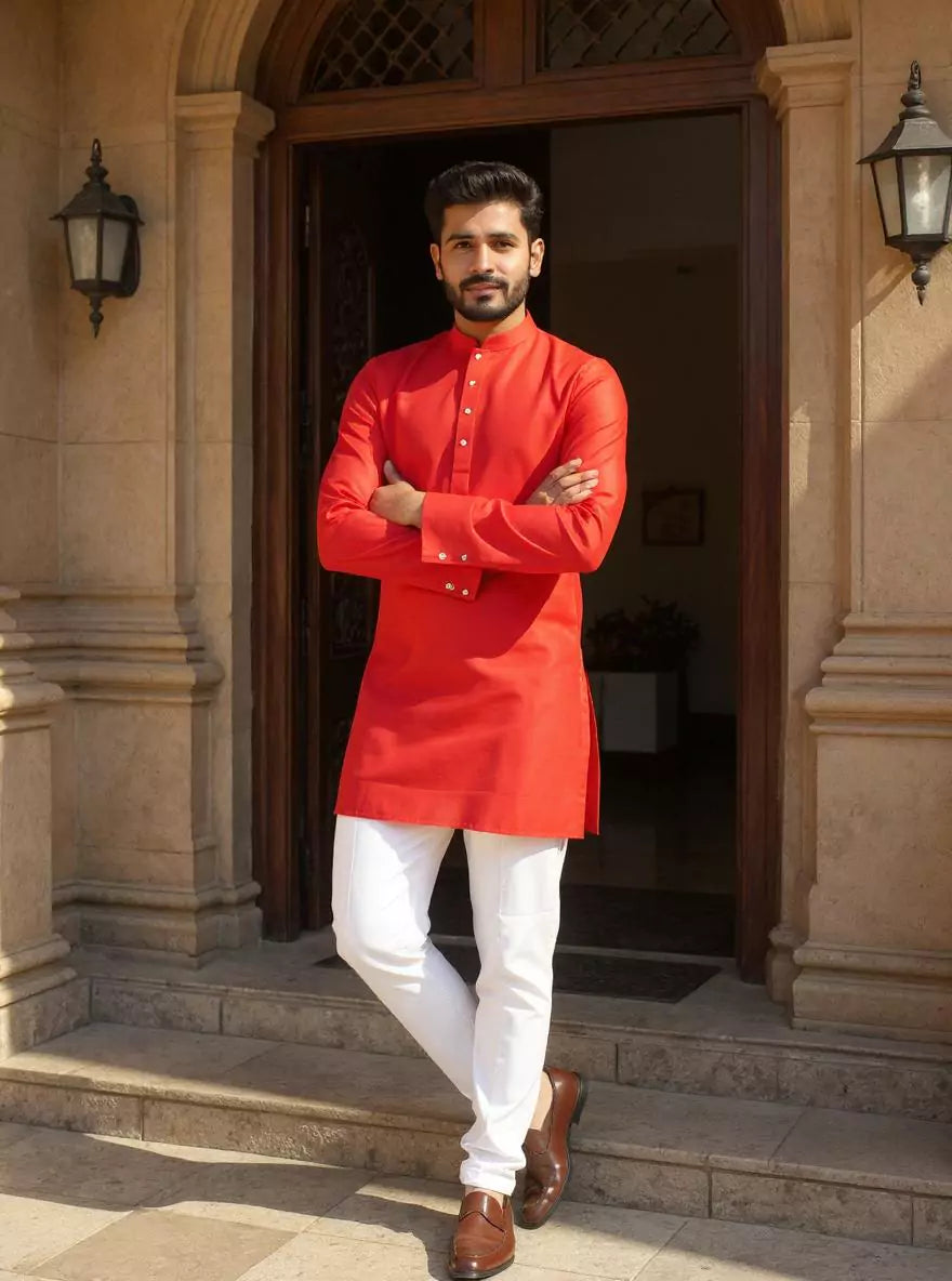Raw Silk Plain Men's Full Sleeve Short Kurta