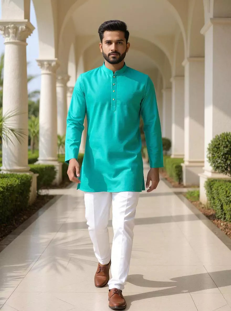 Raw Silk Plain Men's Full Sleeve Short Kurta