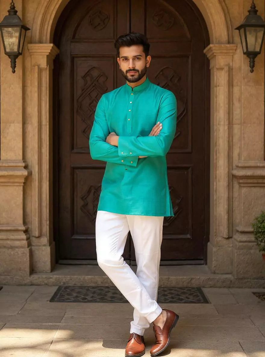 Raw Silk Plain Men's Full Sleeve Short Kurta