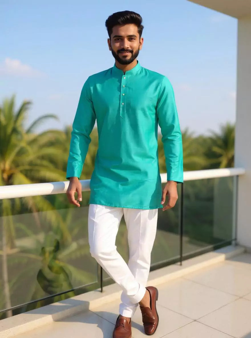 Raw Silk Plain Men's Full Sleeve Short Kurta
