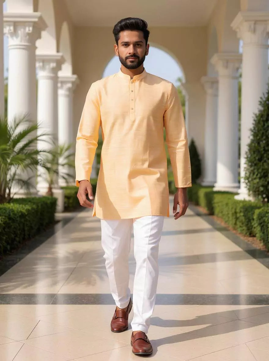 Raw Silk Plain Men's Full Sleeve Short Kurta