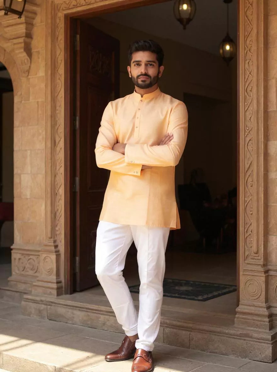 Raw Silk Plain Men's Full Sleeve Short Kurta