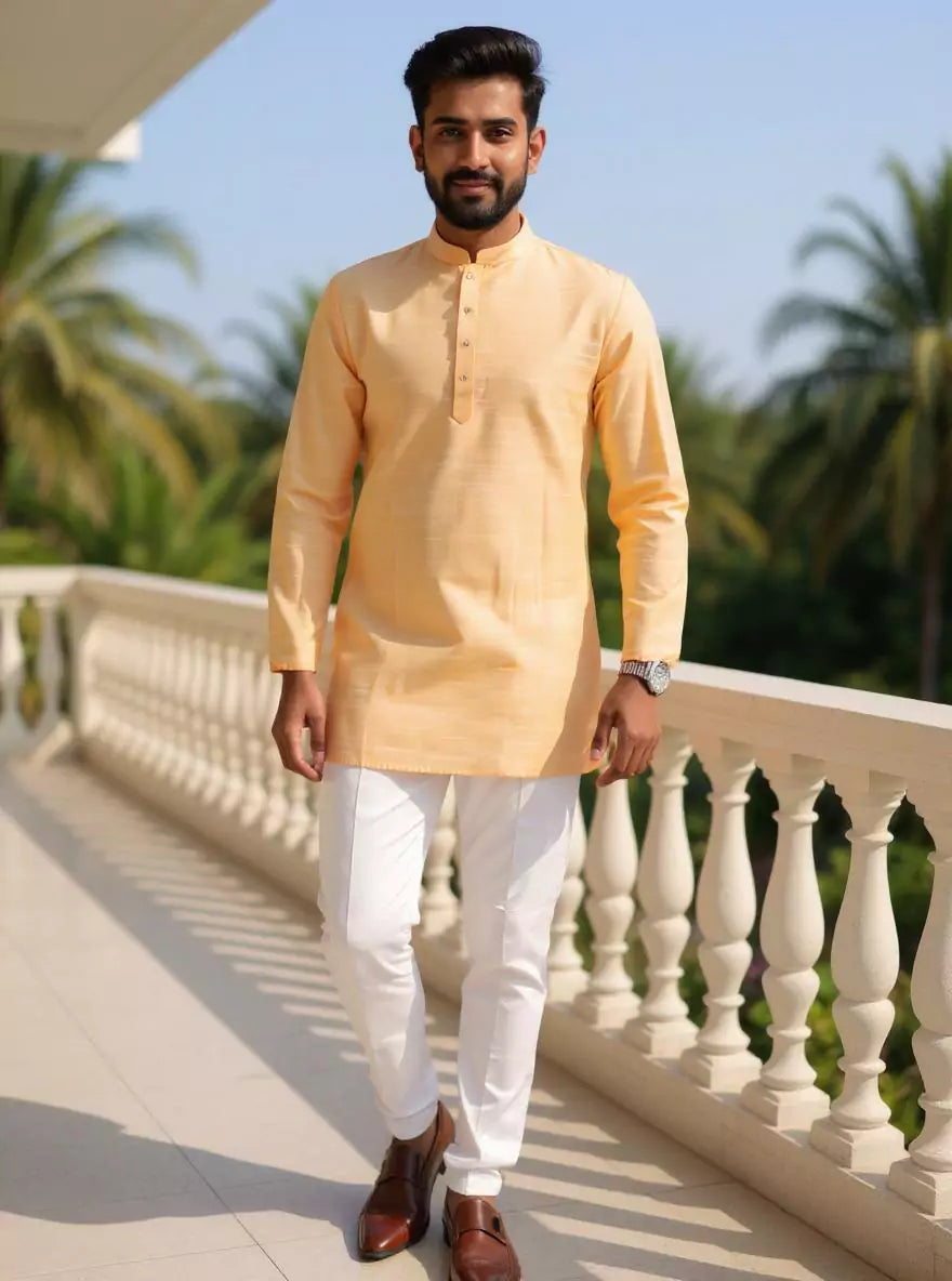 Raw Silk Plain Men's Full Sleeve Short Kurta