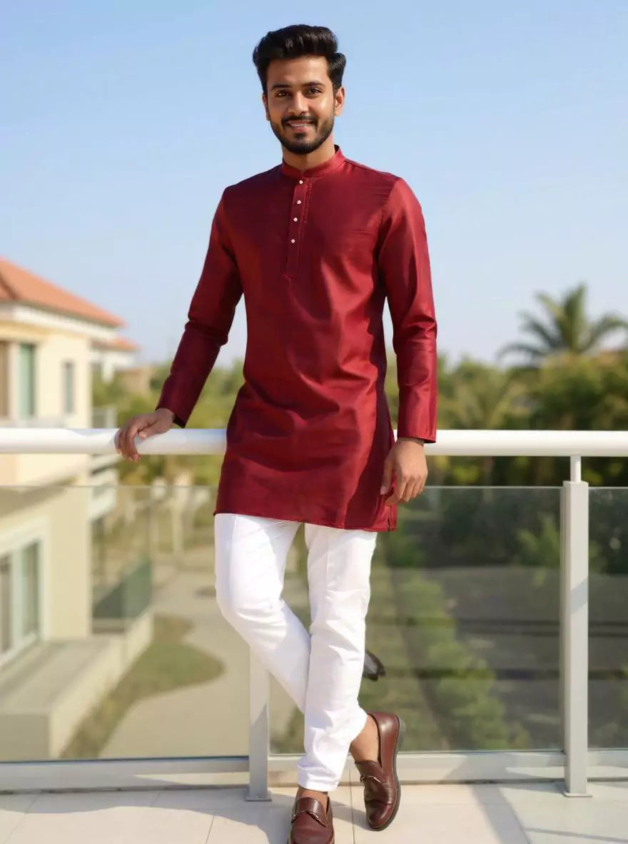 Image of Raw Silk Men's Full Sleeve Casual Short Kurta