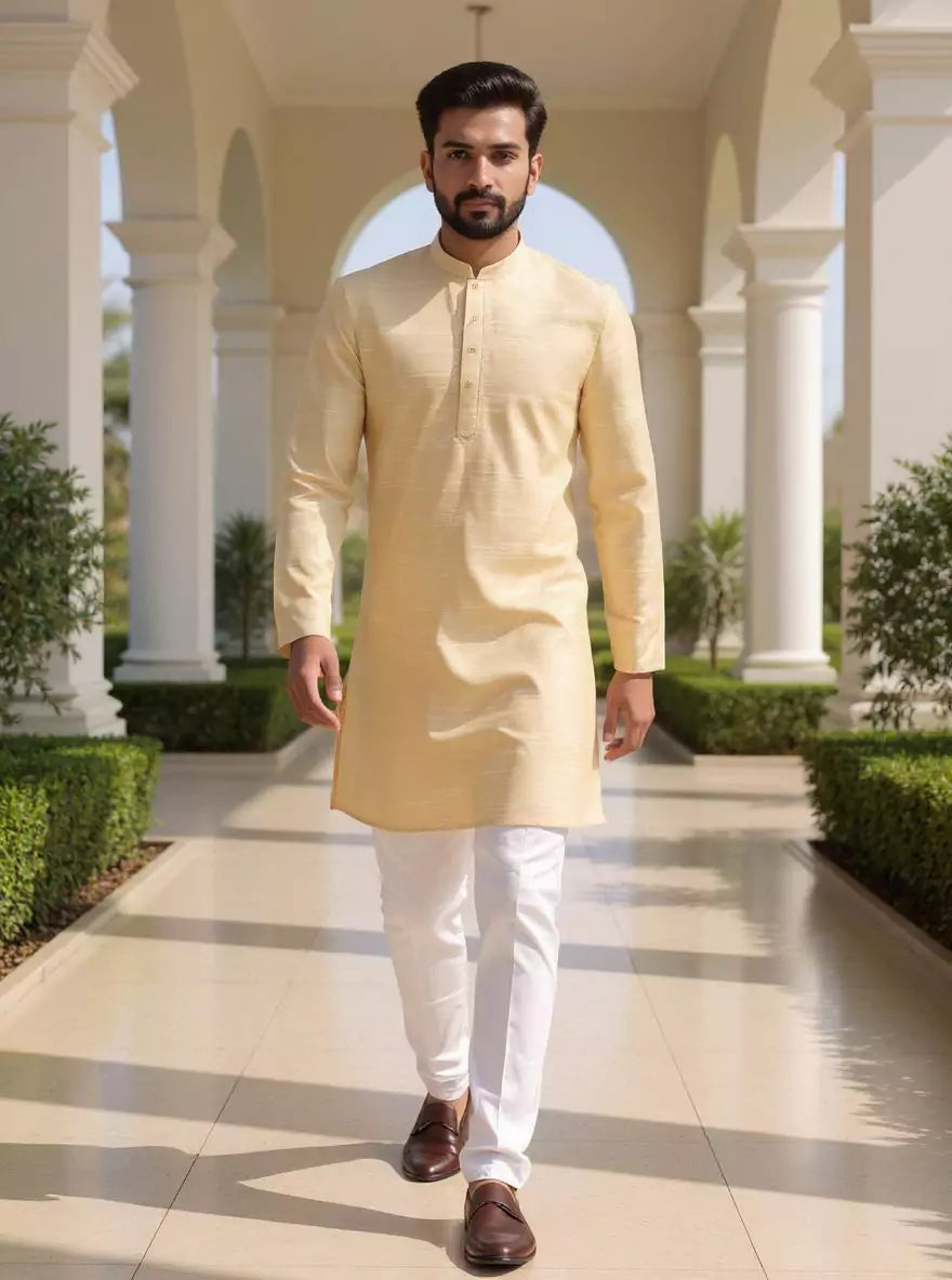 Image of Raw Silk Men's Full Sleeve Casual Short Kurta