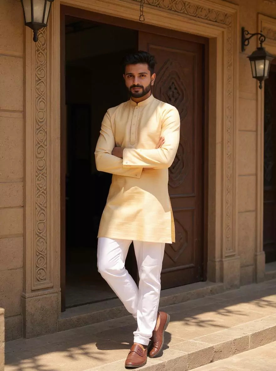 Image of Raw Silk Men's Full Sleeve Casual Short Kurta