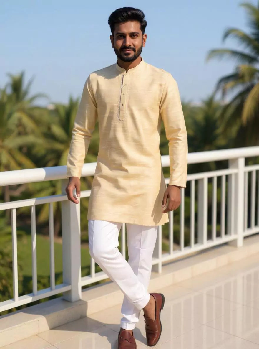 Image of Raw Silk Men's Full Sleeve Casual Short Kurta