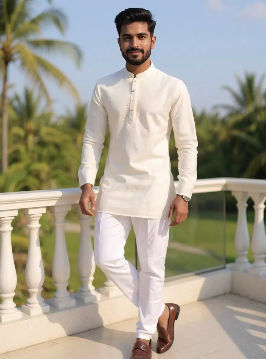 Image of Raw Silk Plain Off White Men's Full Sleeve Short Kurta